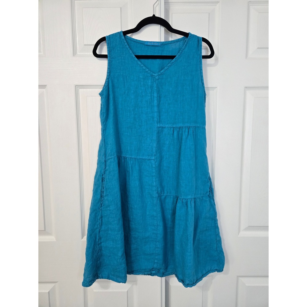 Cut Loose Turquoise Blue 100% Linen Tiered V-Neck Shift Dress XS